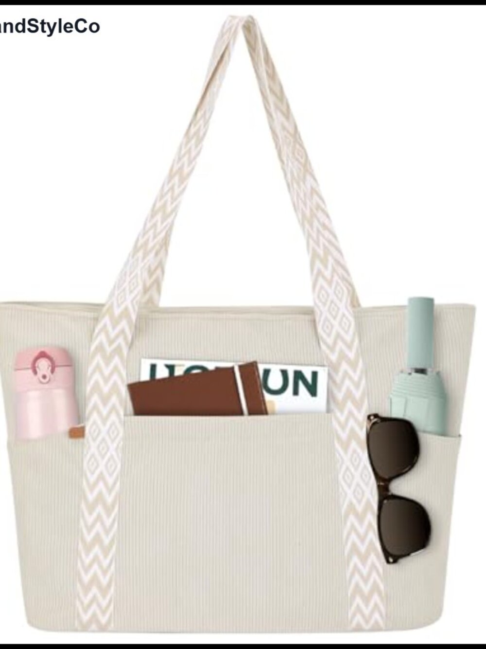 Large Corduroy Tote Bag with Zipper for Women, 15.6" Laptop Boho Straps Travel